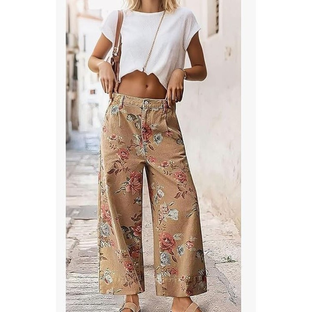 NEW Cottage Floral Wide Leg Pants Pleat Sz Small Elastic Back Soft West Prairie